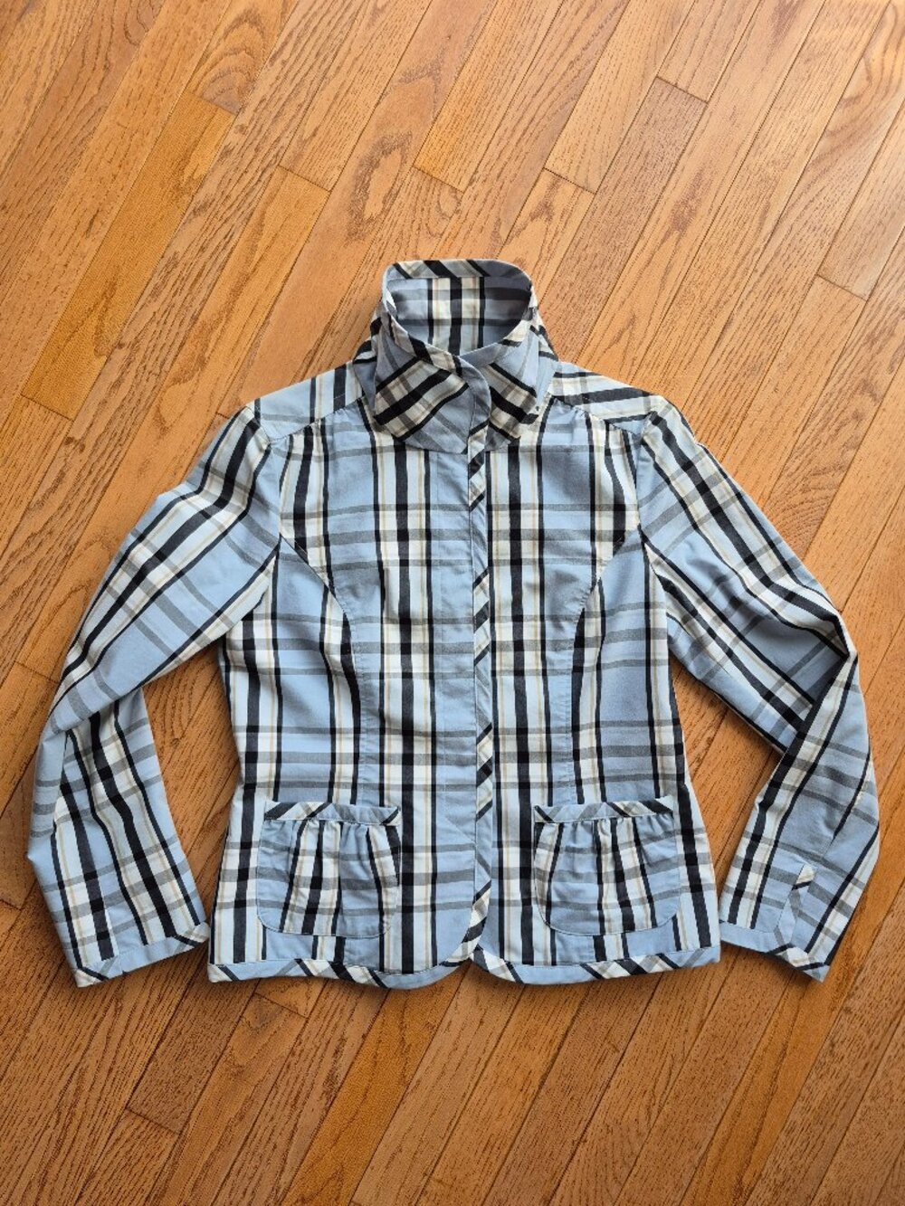 Plaid Jacket Blazer Funnel Neck Stretch 6